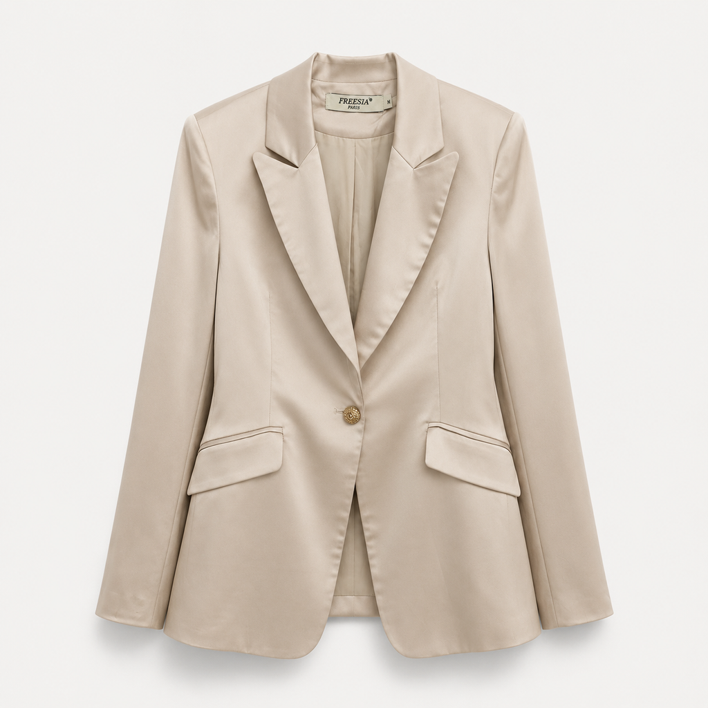 Blazer satiné Beige – Champagne -Élégance intemporelle